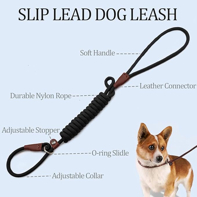 Slip Lead Control Leash for Dogs No Pull, Colors Classic Dog Lead 7 FT Pet Slip Leash, 1/4” Rope Leashes for Small Medium Animals (7ft*1/4", Black)