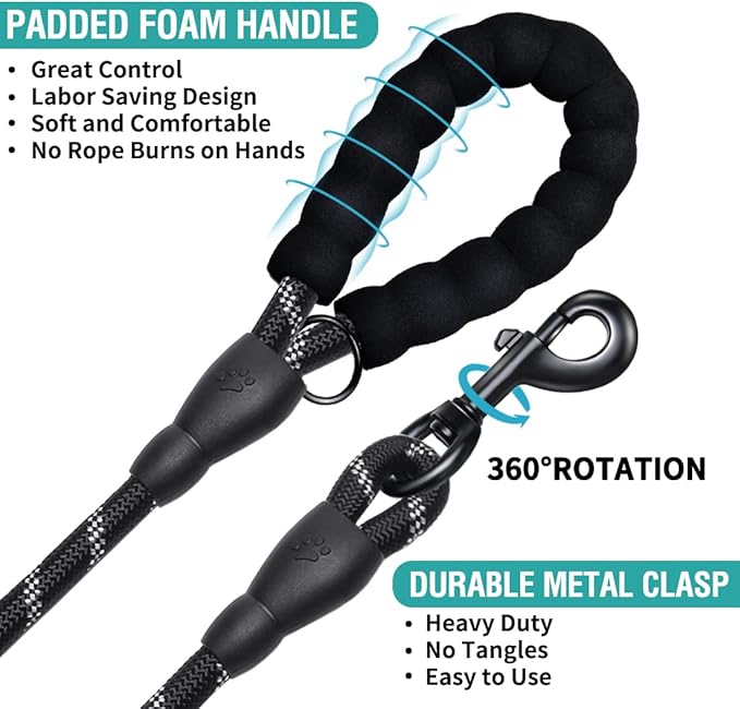 2 Pack Dog Leash 5 FT Heavy Duty - Comfortable Padded Handle - Reflective Dog Leash for Medium Large Dogs with Collapsible Pet Bowl
