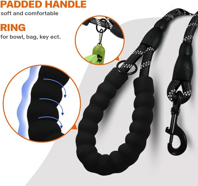 Rope Dog Leash 6 FT with Comfortable Padded Handle, Highly Reflective Threads Leash for Medium Large Dogs, 1/2 inch, Black