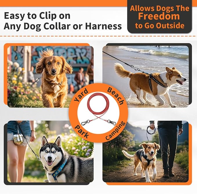 Dog Tie Out Cable 10 Feet-Dog Lead for Yard-Leash Outside for Small to Medium Pets Dogs Up to 60 lbs - Outdoor Dogs Runner Tether (Red, 60Ibs 20ft)
