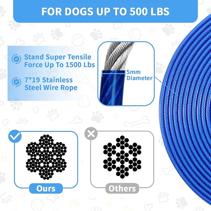 50FT Dog Tie Out Cable, Heavy Duty Dog Runner Lead with 360° Swivel Clips for Large Pets up to 500 lbs, Chew Proof Lockable Leash for Yard Camping Outdoor -Blue,50FT
