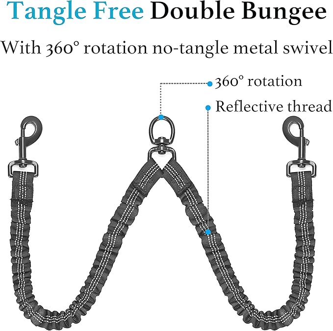 Dual Dog Leash - 360° Swivel, No Tangle Walking Leash with Shock Absorbing Bungee for Two Dogs (Large, 25-150 lbs, Black)