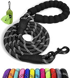 Rope Dog Leash 6 FT with Comfortable Padded Handle, Highly Reflective Threads Leash for Medium Large Dogs, 1/2 inch, Black