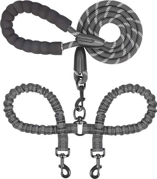 Dual Dog Leash - 360° Swivel, No Tangle Walking Leash with Shock Absorbing Bungee for Two Dogs (Large, 25-150 lbs, Black)