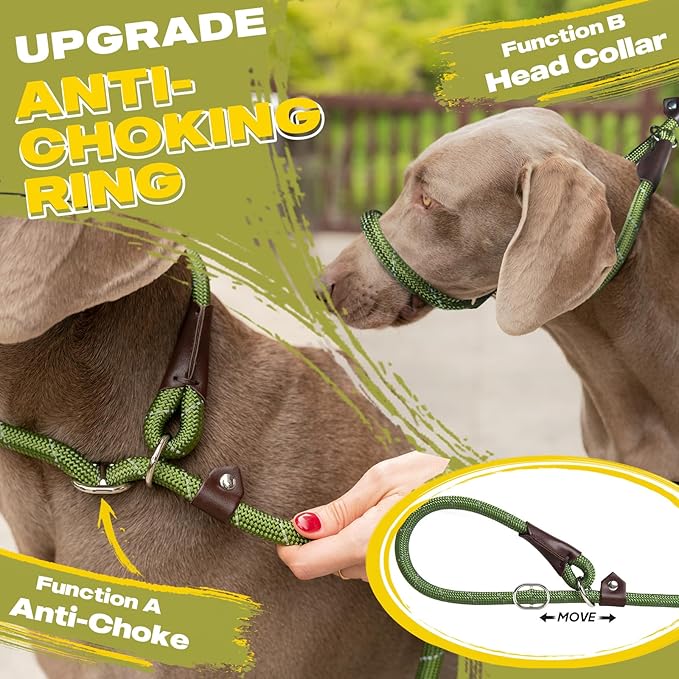Durable Slip Lead, 6 FT x 1/2" Heavy Duty Loop Leash, Comfortable Strong Rope for Large, Medium Dogs, No Pull Pet Training With Highly Reflective, Green