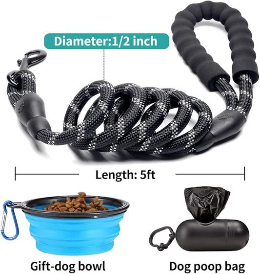 2 Pack Dog Leash 5 FT Heavy Duty - Comfortable Padded Handle - Reflective Dog Leash for Medium Large Dogs with Collapsible Pet Bowl