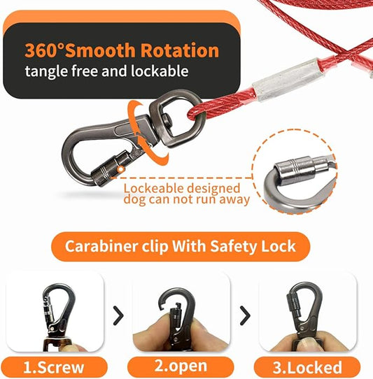 Dog Tie Out Cable 10 Feet-Dog Lead for Yard-Leash Outside for Small to Medium Pets Dogs Up to 60 lbs - Outdoor Dogs Runner Tether (Red, 60Ibs 20ft)