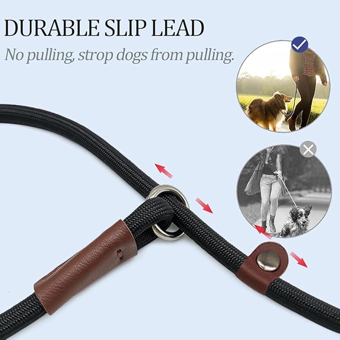 Slip Lead Control Leash for Dogs No Pull,  Colors Classic Dog Lead 7 FT Pet Slip Leash, 1/4” Rope Leashes for Small Medium Animals (7ft*1/4", Black)
