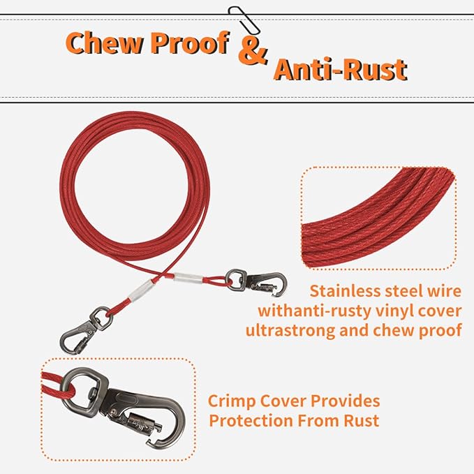 Dog Tie Out Cable 10 Feet-Dog Lead for Yard-Leash Outside for Small to Medium Pets Dogs Up to 60 lbs - Outdoor Dogs Runner Tether (Red, 60Ibs 20ft)