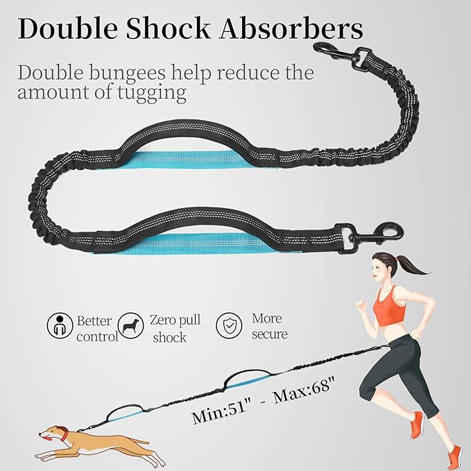 Hands Free Dog Leash with Zipper Pouch, Dual Padded Handles and Durable Bungee for Walking, Jogging and Running Your Dog (Large, 25-120 lbs, Black)