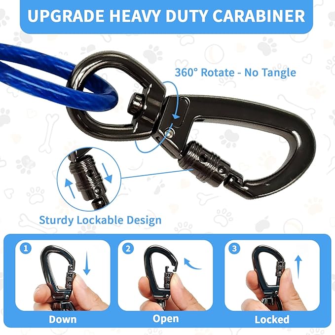 50FT Dog Tie Out Cable, Heavy Duty Dog Runner Lead with 360° Swivel Clips for Large Pets up to 500 lbs, Chew Proof Lockable Leash for Yard Camping Outdoor -Blue,50FT