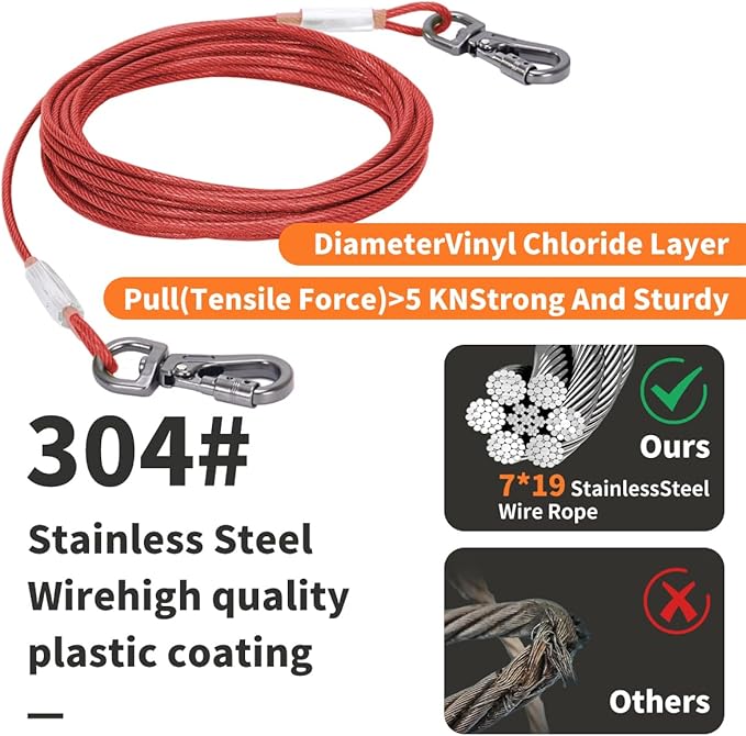Dog Tie Out Cable 10 Feet-Dog Lead for Yard-Leash Outside for Small to Medium Pets Dogs Up to 60 lbs - Outdoor Dogs Runner Tether (Red, 60Ibs 20ft)