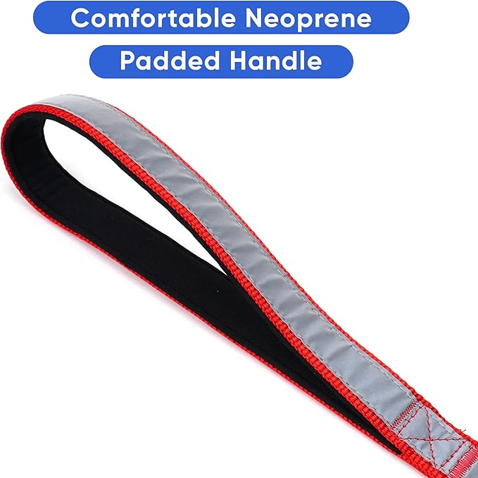 6 FT Padded Dog Leash with Comfortable Neoprene Padding Handle - Red Lead | Small Reflective Dog Leash with Highly Reflective Band Perfect for Medium and Large Dogs and Puppies.