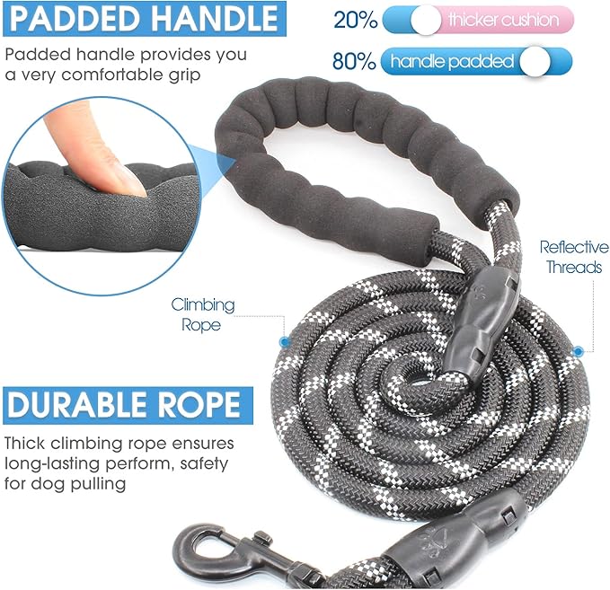2/4/5/6 FT Dog Leash with Comfortable Padded Handle and Highly Reflective Threads for Small Medium and Large Dogs (5FT-1/2'', Black)
