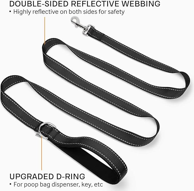 Double-Sided Reflective Dog Leash, 6 FT/5 FT/4 FT, Padded Handle Nylon Heavy Duty Leashes for Medium & Large Dogs Walking, Black, 6FT