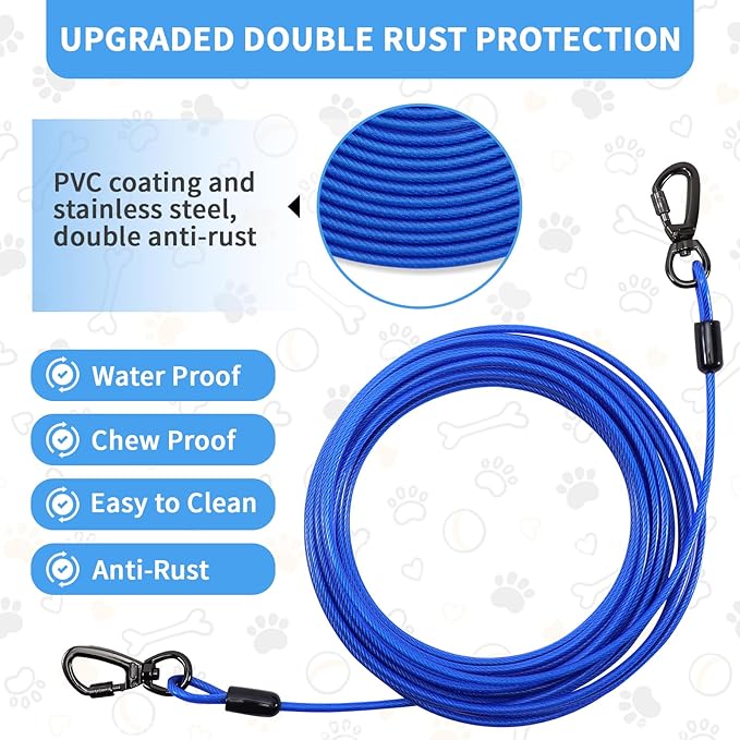 50FT Dog Tie Out Cable, Heavy Duty Dog Runner Lead with 360° Swivel Clips for Large Pets up to 500 lbs, Chew Proof Lockable Leash for Yard Camping Outdoor -Blue,50FT